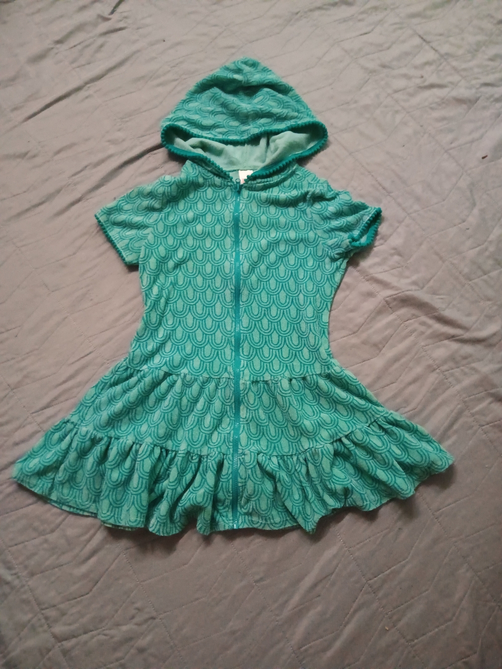 Girls Size 7/8 Cat & Jack Teal Hooded Zip Ruffle Dress Or Coverup